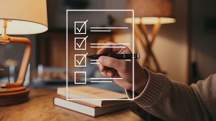 Focused individual marking checkboxes on a clear surface symbolizing task management and accomplishment.