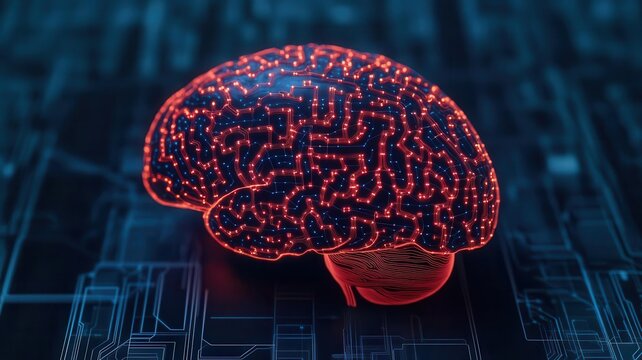 Abstract digital art of a brain composed of glowing bioneural networks and circuits, biomedicine, fusion of biology and tech