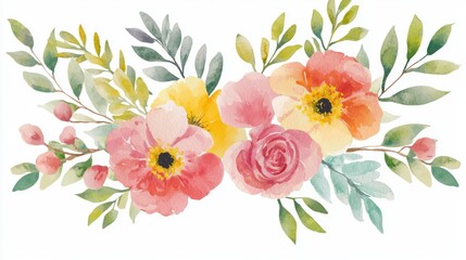 Obraz premium Top view bright bouquet, vibrant florals isolated on white, soft watercolor brushstrokes