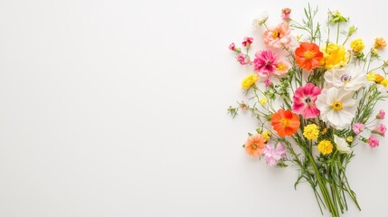 Bouquet of flowers, top perspective, bright blooms on white, watercolor effect