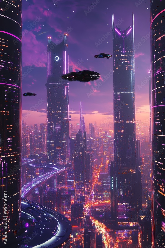 Wall mural awe-inspiring futuristic city skyline at nightpurple hues and flying vehicles