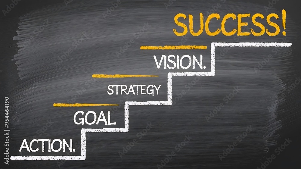 Canvas Prints Chalkboard with success steps: Vision, Strategy, Goal, Action leading to Success! Conceptual business strategy.