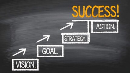 Chalkboard with success steps: Vision, Strategy, Goal, Action leading to Success! Conceptual business strategy.