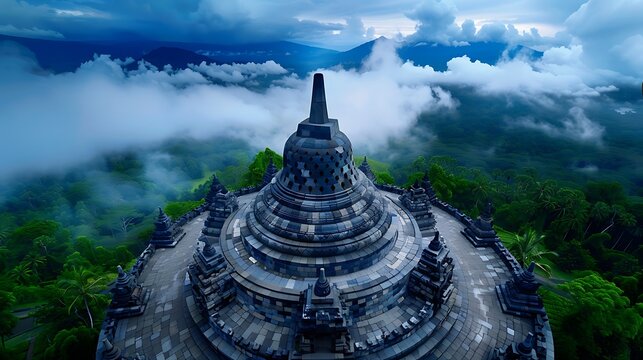 The ancient Borobudur temple at dawn, shrouded in mist with the surrounding Indonesian jungle enhancing its mystical aura, 