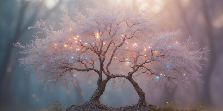 A shimmering binary tree entity, its branches adorned in opalescent hues of pastel pink, blue, and purple, stands out against a soft, dreamy backdrop.