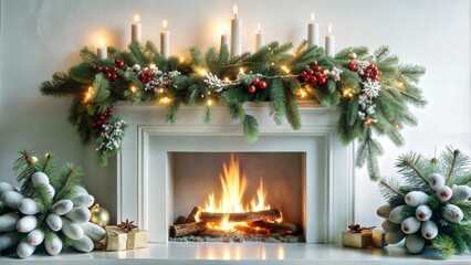 Christmas fireplace decoration with festive mood and glowing fire on a white background