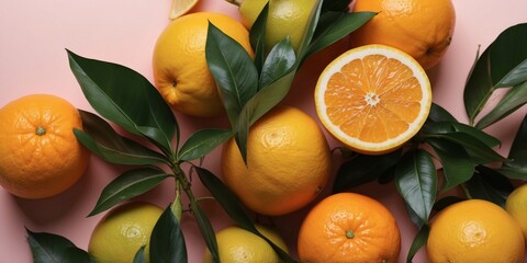 Fresh citrus fruits and palm leaves upon a pastel background.