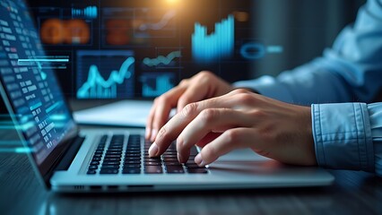 Close-up of hands typing on a laptop keyboard with digital graphics, charts, and numbers superimposed, representing technology, data analysis, and modern business concepts.