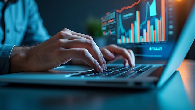 Close-up of hands typing on a laptop keyboard with digital graphics, charts, and numbers superimposed, representing technology, data analysis, and modern business concepts.