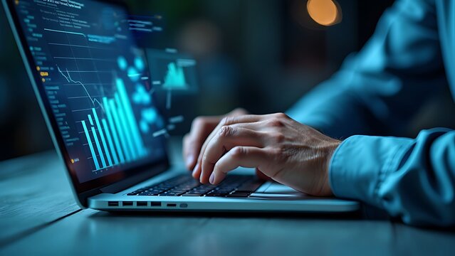 Close-up of hands typing on a laptop keyboard with digital graphics, charts, and numbers superimposed, representing technology, data analysis, and modern business concepts.
