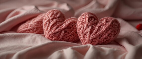 Pink red knitted valentine hearts on bed on pink crumpled sheet.