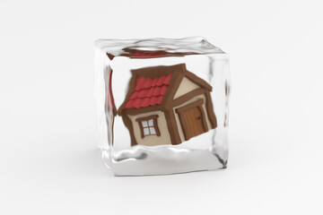 Miniature house model freezing inside ice cube on white background