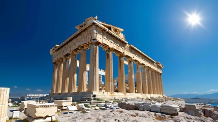 Obraz premium The ancient Parthenon on Acropolis hill, majestically overlooking Athens, Greece, a symbol of classical architecture and history, 