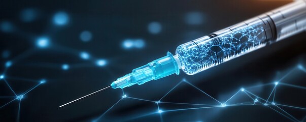 Futuristic syringe with glowing liquid representing advanced gene therapy, biomedicine, precision medicine innovation