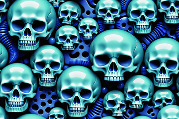 Mineral Skulls. Biomechanical concept. Seamless pattern. Digital illustration.