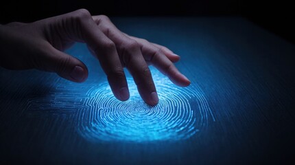 Glowing digital fingerprint interface interacts with a hand 