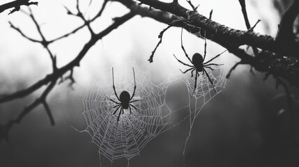 Two Spiders in a Web on a Misty Day