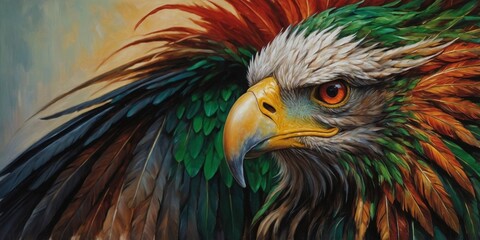 Obraz premium With fiery crimson feathers that seem to pulse with an inner light, a zealous bewildering griffin gazes ahead with intense determination.
