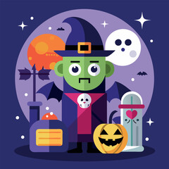 Halloween-themed vector art depicting a cup of coffee alongside whimsical pumpkins and cheerful ghosts