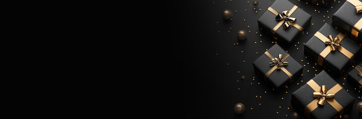 Elegant black gift boxes adorned with gold ribbons, creating a sophisticated and festive atmosphere for special occasions and celebrations. Black Friday. .Flat lay, top view. Copy space. Banner