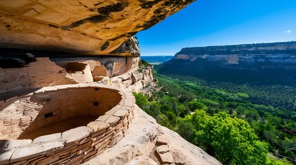 Traditional Pueblo cliff dwellings in Mesa Verde, Colorado, showcasing the ingenuity of ancient Native American architecture, 