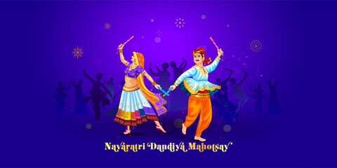 Vector illustration of Navratri festival, Dandiya night dance or garba, raas background. During Durga puja in gujrat people celebrating and dancing.