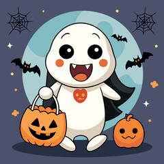 Halloween-themed vector art depicting a cup of coffee alongside whimsical pumpkins and cheerful ghosts