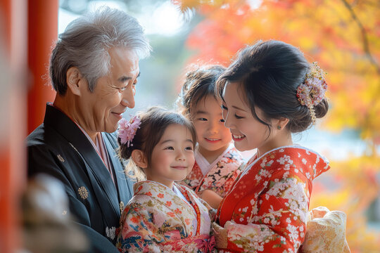 Multi-generational family wearing traditional kimono, celebrating shichi go san at a temple with beautiful fall colors