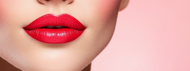 Fototapeta premium A women's face, closely framed Lips painted boldly red against pale pink backdrop