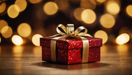 Christmas gift box and trinkets on a background of unfocused golden lights