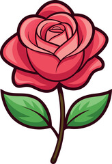 A vector illustration of a red rose with green leaves set against a clean white background