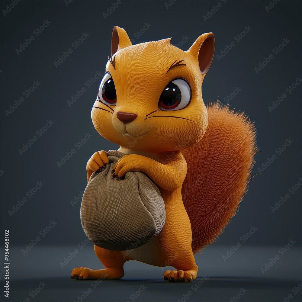 Poster cute cartoon squirrel holding a bag