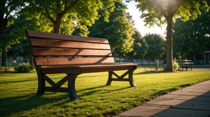 Harmony with a wooden park bench bathed in sunlight within greenery casting gentle shadows 