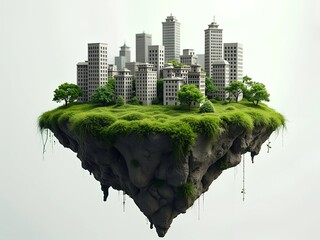 piece of miniature city in green land isolated in white background city land floating  in the sky