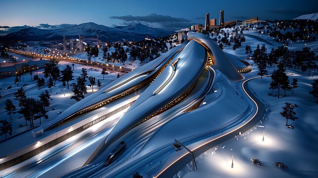 A hypermodern waste-to-energy plant featuring a public ski slope, exemplifying innovative approaches to urban sustainability, 