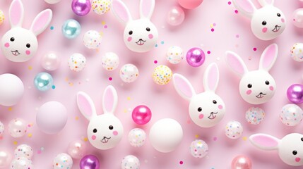 Top view of festive easter decorations: glowing confetti, white easter bunnies, and multicolored eggs on a soft pastel pink background for a joyful holiday celebration

