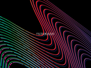 Futuristic abstract technology shining rainbow light lines on black background modern wave line pattern. Vector minimal line background with text for social media covers, headers, etc.