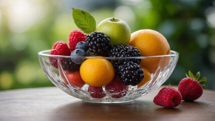 Assorted fresh fruits in a decorative glass bowl.