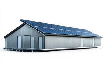 Fototapeta premium A modern industrial building featuring solar panel array on roof, showcasing renewable energy solutions.