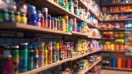 Ultra-realistic close-up of a local arts and crafts store, with shelves filled with colorful