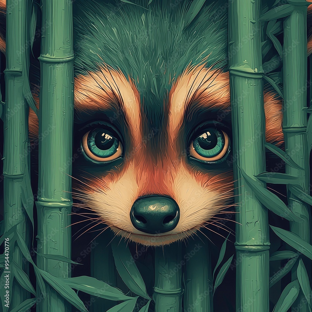 Poster Curious Raccoon Peeking Through Bamboo