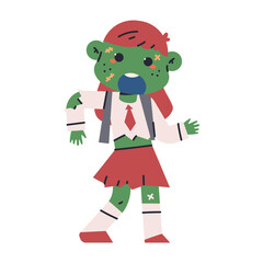 Girl in zombie Halloween costume vector cartoon character.