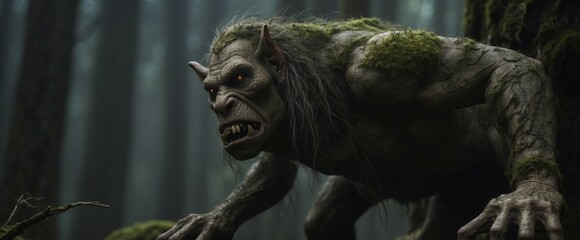In the depths of a shadowy forest, a cimmerian troll lurks, its twisted form barely visible in the darkness.