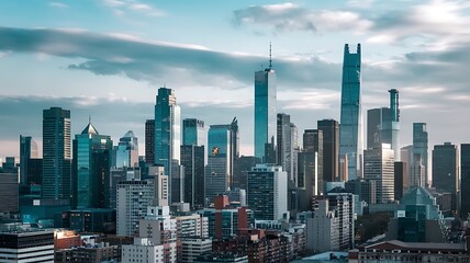 Panoramic cityscape with skyscrapers under a blue sky, showcasing urban growth and architectural beauty. Ideal for illustrating modern city life and development.
