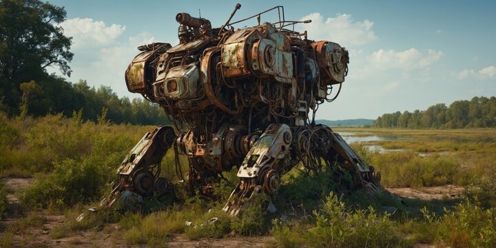 A time-worn mecha, covered in rust and overgrown with vines, stands in a barren wasteland.