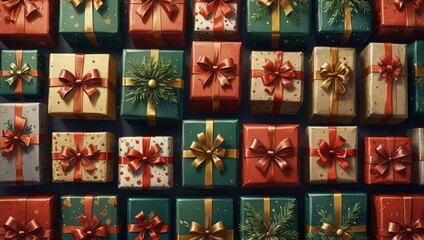 Christmas gift boxes collection with pine tree. View from above