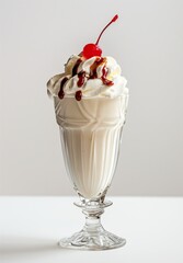 Realistic photograph of an ice cream milkshake with a cherry on top, against a solid, stark white background