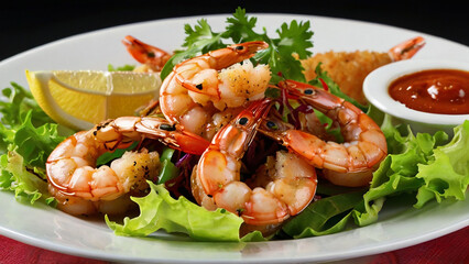 Delicious shrimp fry with fresh salad on a plate.