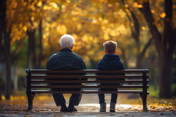 An old man and a kid sitting on a bench, concept of aging