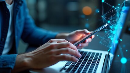 Hands typing on a laptop keyboard with digital network graphics overlay, symbolizing global connectivity, data technology, and modern communication.